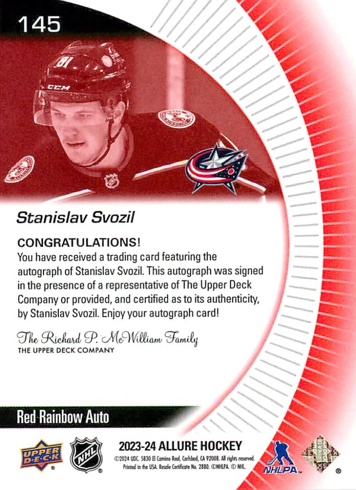 2023-24 UD Allure - Stanislav Svozil - Rookie Red Rainbow Auto #145