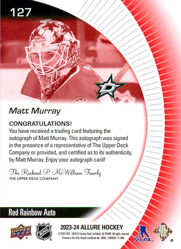 2023-24 UD Allure - Matt Murray - Rookie Red Rainbow Auto #127
