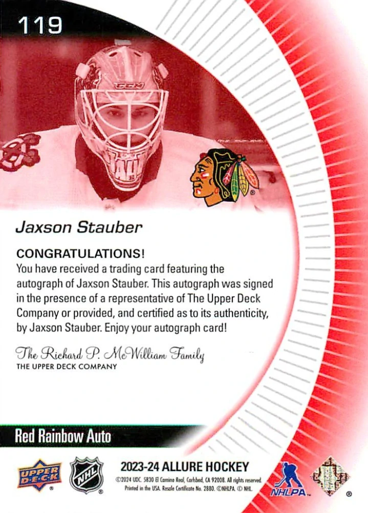 2023-24 UD Allure - Jaxson Stauber - Rookie Red Rainbow Auto #119