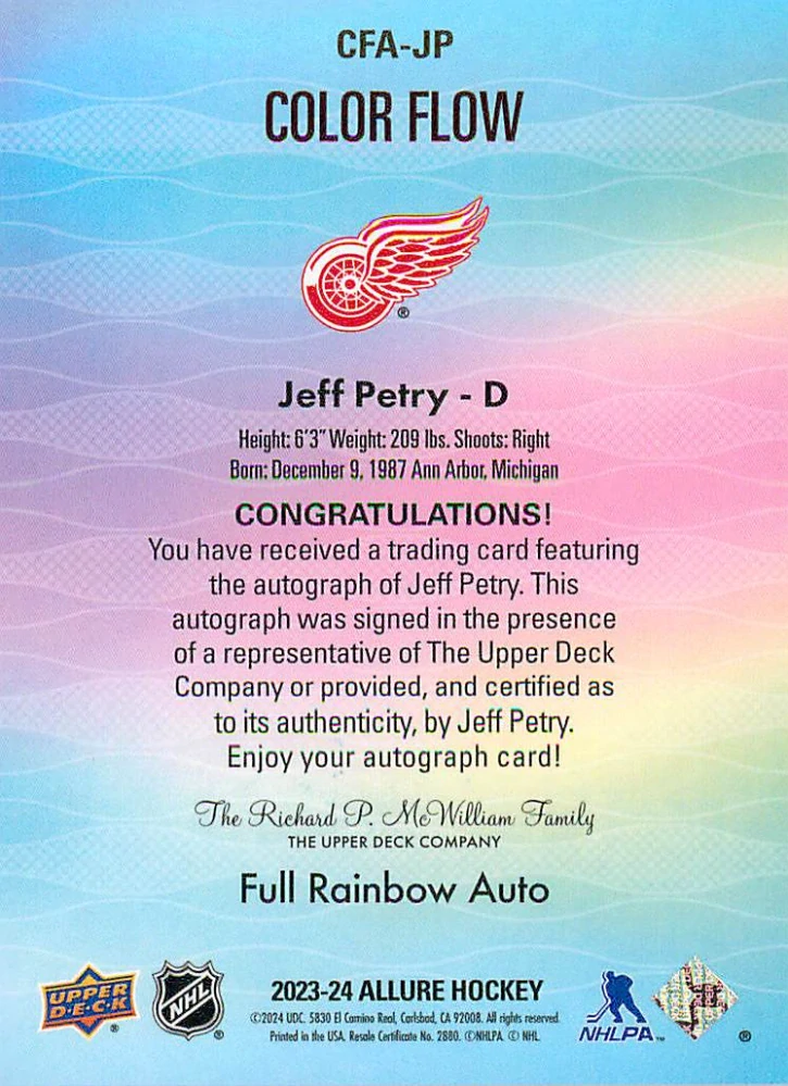 2023-24 UD Allure - Jeff Petry - Color Flow Full Rainbow Autographs #CFA-JP 