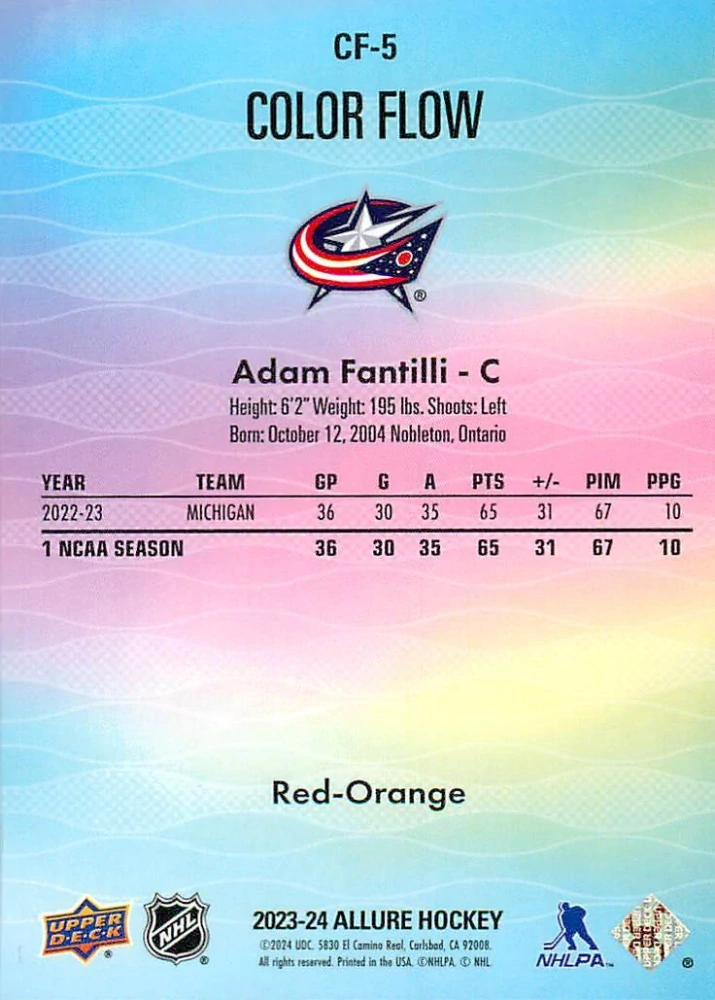 2023-24 UD Allure - Adam Fantilli - Color Flow Red-Orange #CF-5