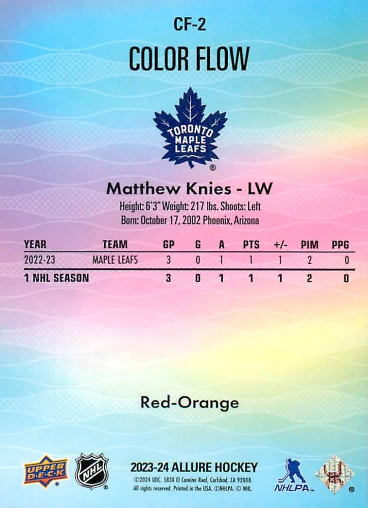 2023-24 UD Allure - Matthew Knies - Color Flow Red-Orange #CF-2