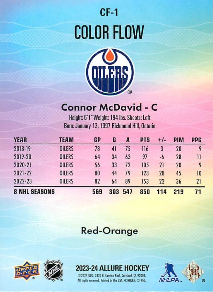 2023-24 UD Allure - Connor McDavid - Color Flow Red-Orange #CF-1