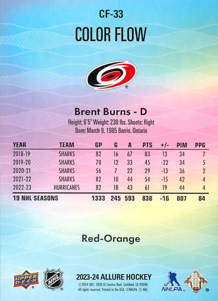 2023-24 UD Allure - Brent Burns - Color Flow Red-Orange #CF-33