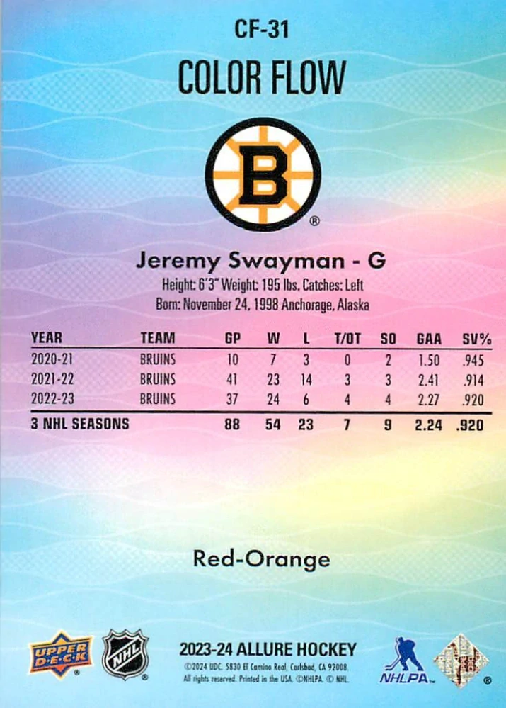 2023-24 UD Allure - Jeremy Swayman - Color Flow Red-Orange #CF-31