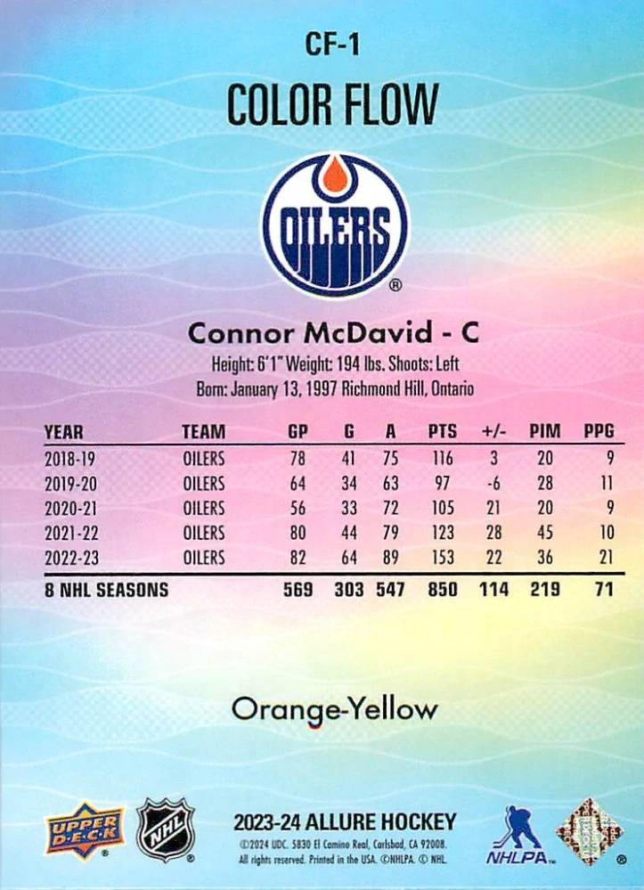 2023-24 UD Allure - Connor McDavid - Color Flow Orange-Yellow #CF-1