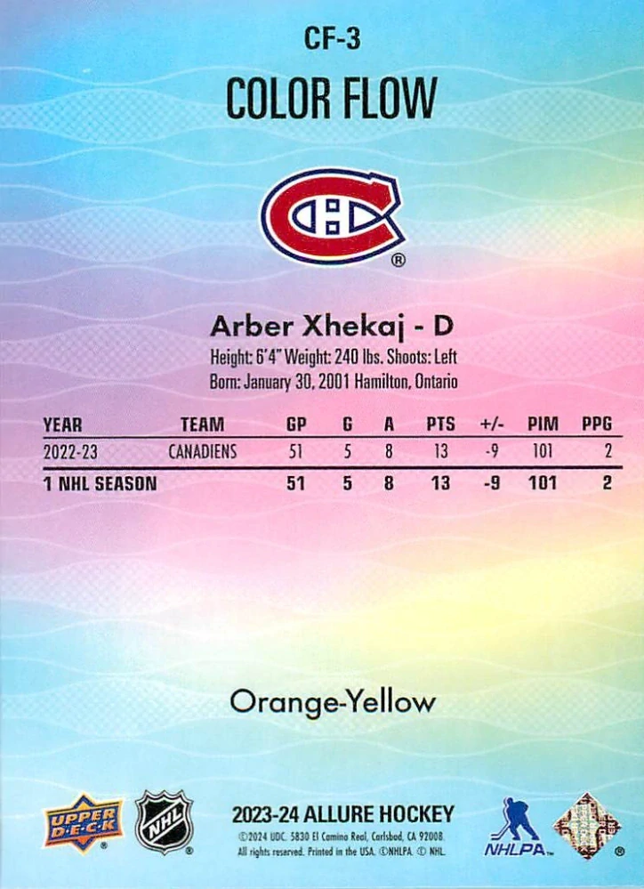 2023-24 UD Allure - Arber Xhekaj - Color Flow Orange-Yellow #CF-3