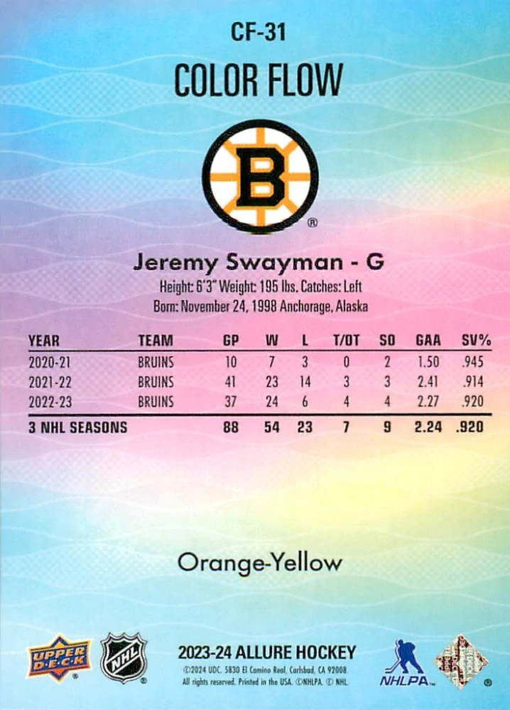 2023-24 UD Allure - Jeremy Swayman - Color Flow Orange-Yellow #CF-31