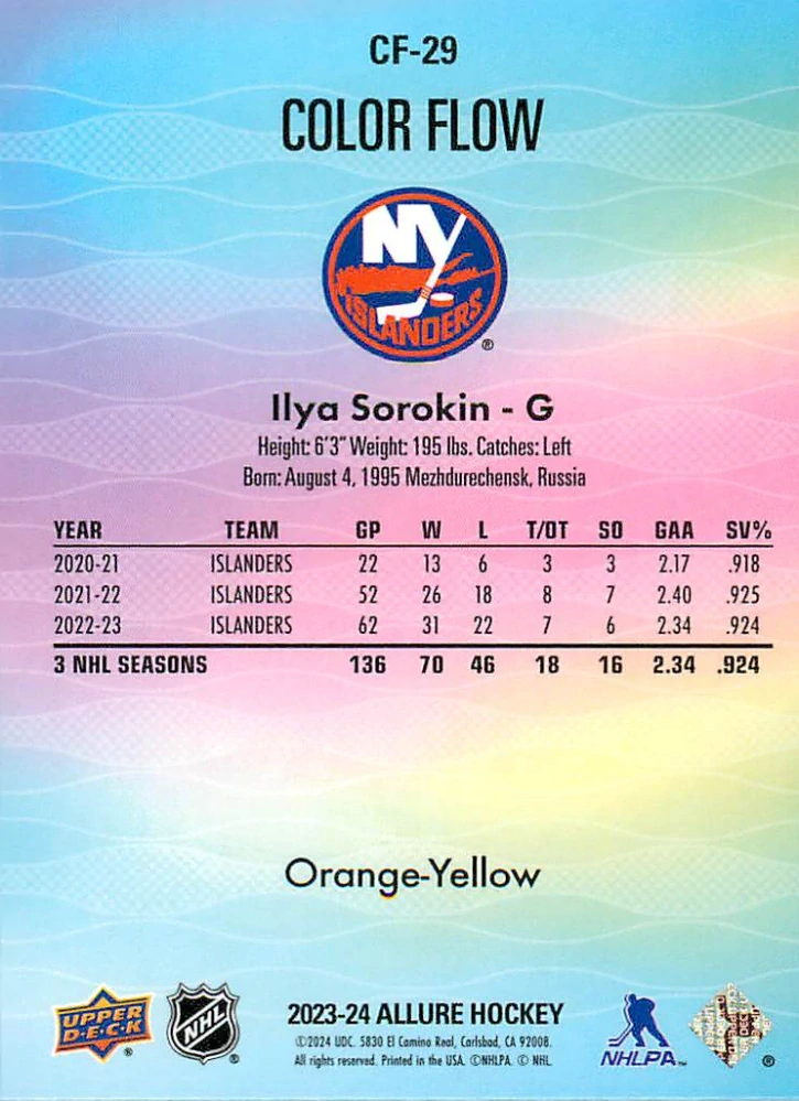2023-24 UD Allure - Ilya Sorokin - Color Flow Orange-Yellow #CF-29