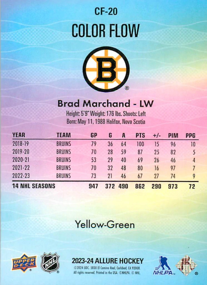 2023-24 UD Allure - Brad Marchand - Color Flow Yellow-Green #CF-20