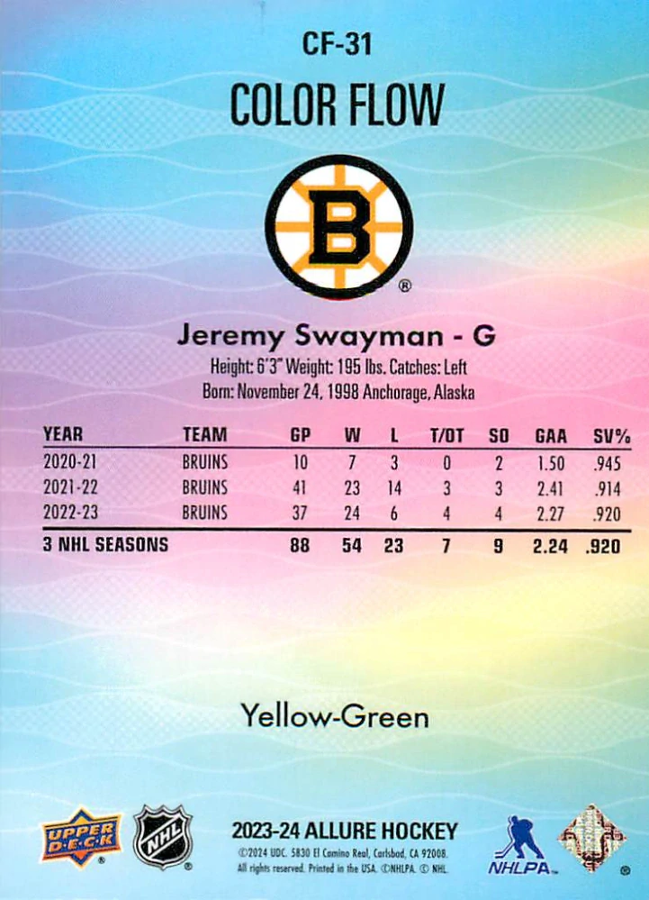2023-24 UD Allure - Jeremy Swayman - Color Flow Yellow-Green #CF-31