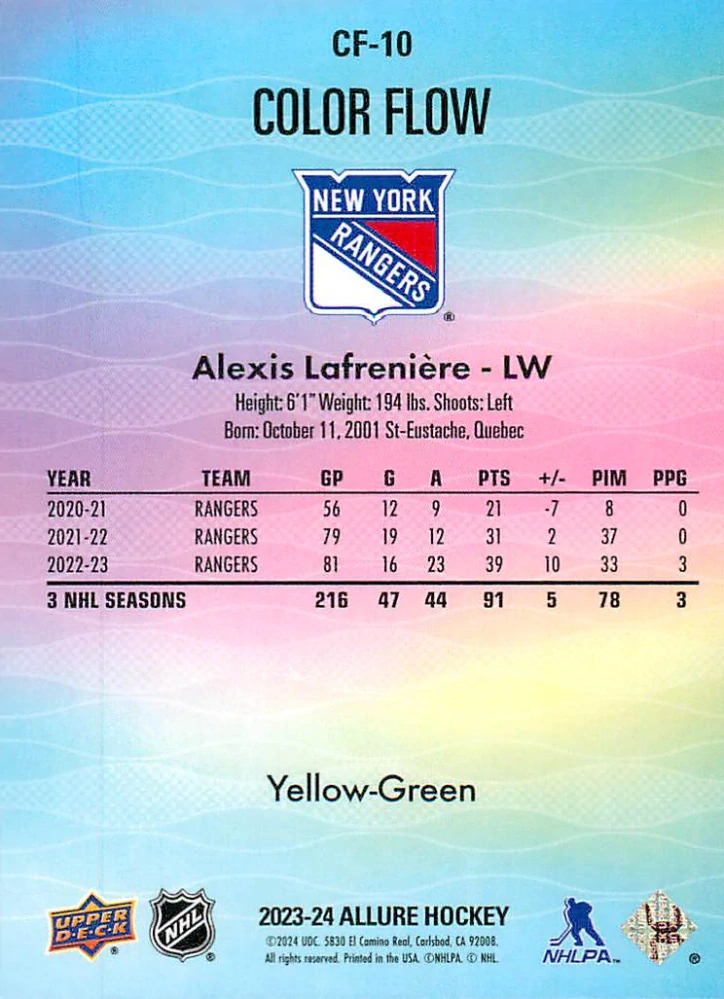 2023-24 UD Allure - Alexis Lafreniere - Color Flow Yellow-Green #CF-10