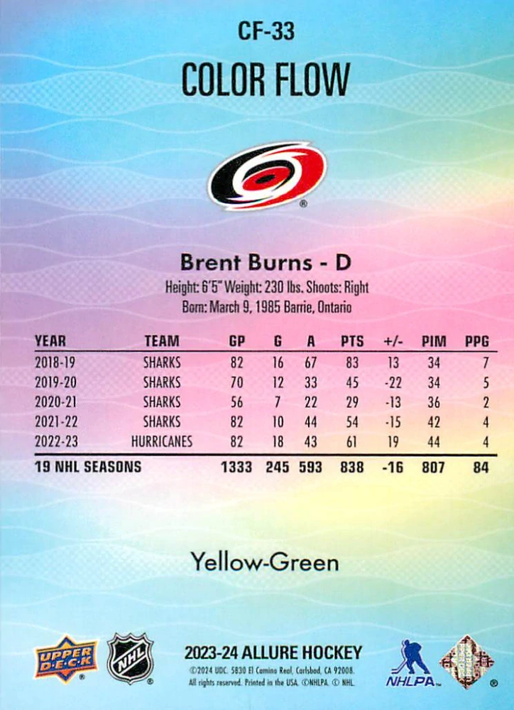 2023-24 UD Allure - Brent Burns - Color Flow Yellow-Green #CF-33