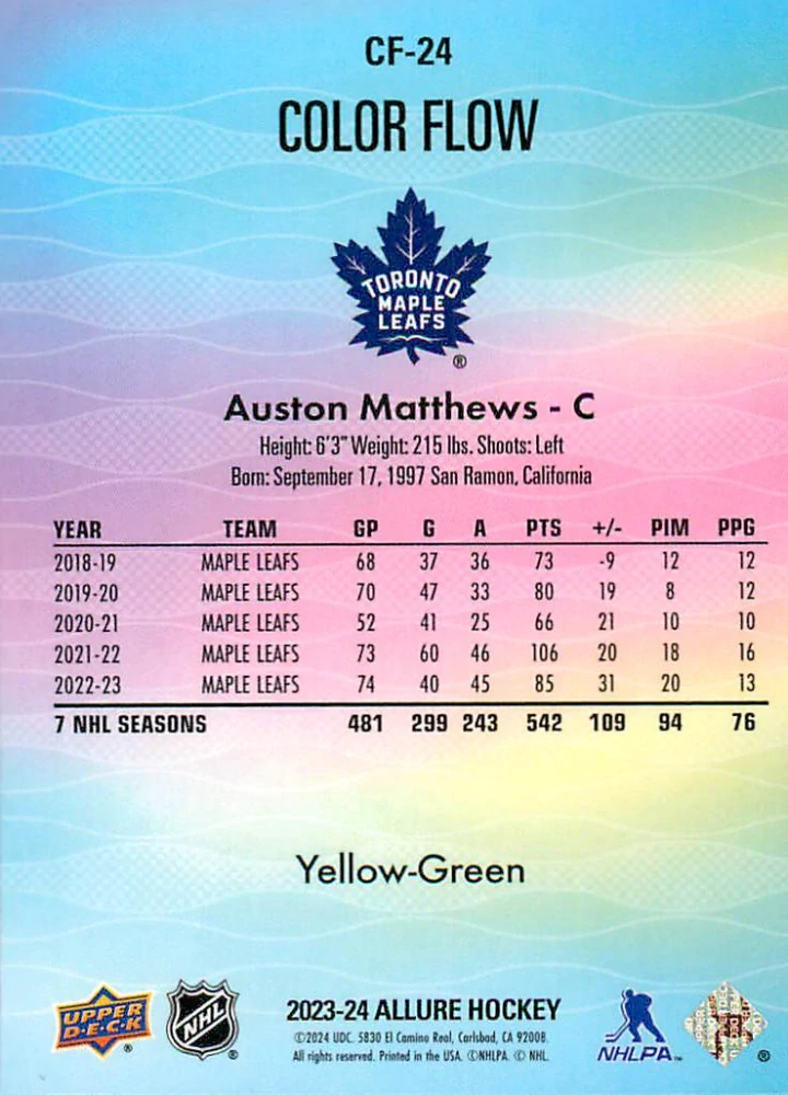 2023-24 UD Allure - Auston Matthews - Color Flow Yellow-Green #CF-24