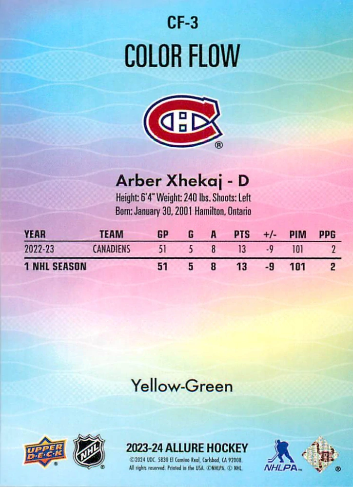 2023-24 UD Allure - Arber Xhekaj - Color Flow Yellow-Green #CF-3