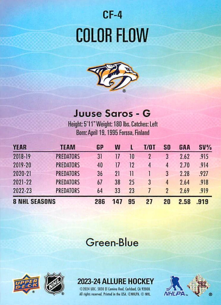 2023-24 UD Allure - Juuse Saros - Color Flow Green-Blue #CF-4