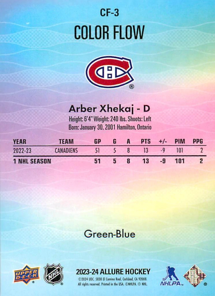 2023-24 UD Allure - Arber Xhekaj - Color Flow Green-Blue #CF-3