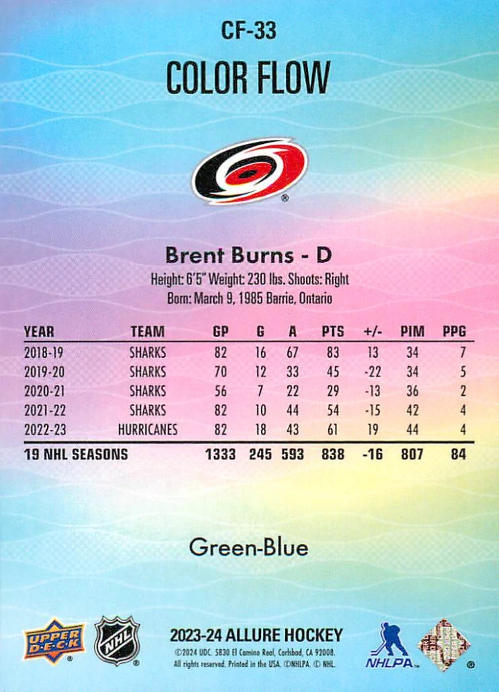2023-24 UD Allure - Brent Burns - Color Flow Green-Blue #CF-33