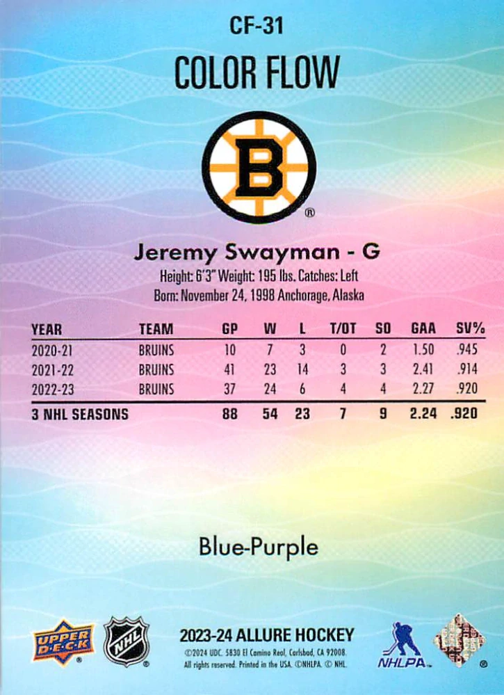 2023-24 UD Allure - Jeremy Swayman - Color Flow Blue-Purple #CF-31