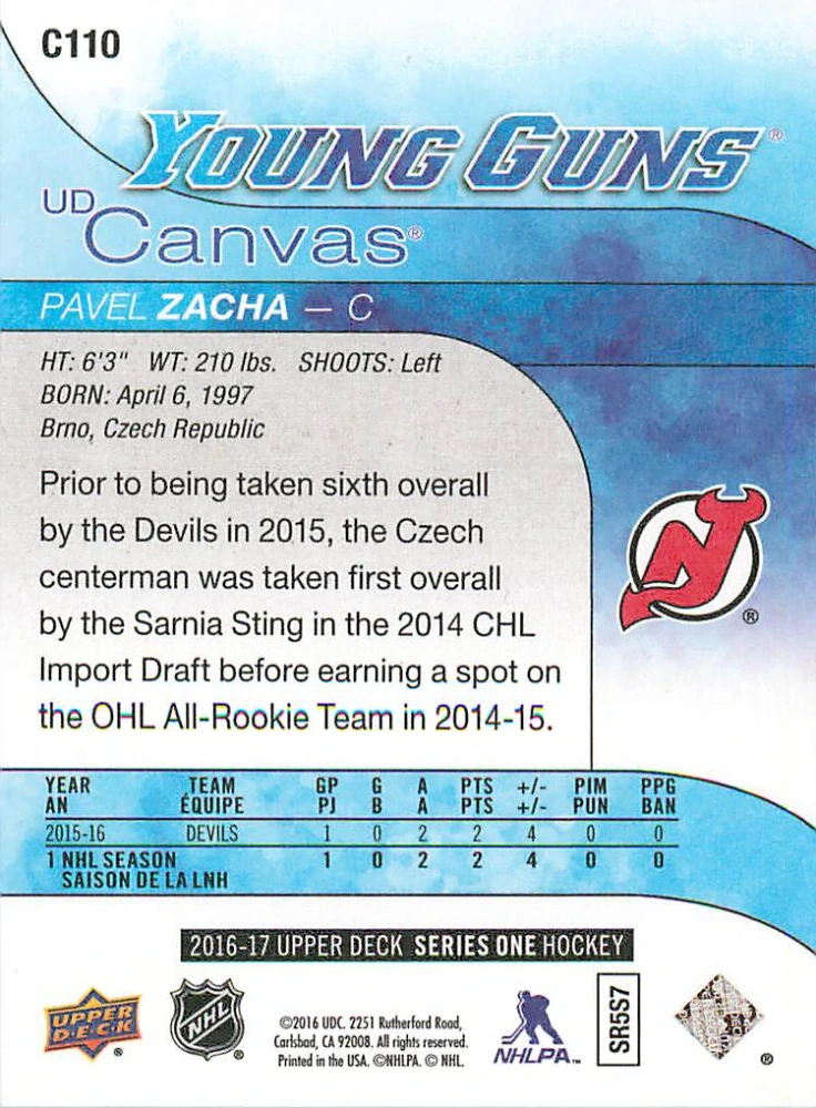 2016-17 UD Series 1 - Pavel Zacha - Young Guns Canvas #C110