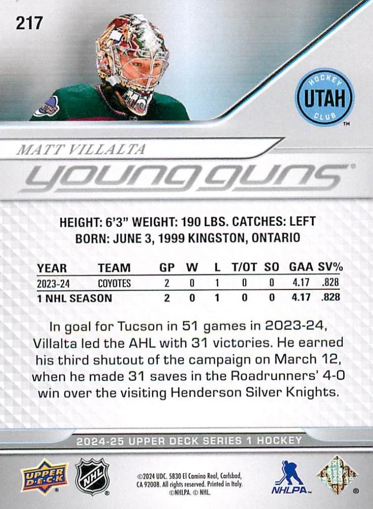2024-25 UD Series 1 - Matt Villalta - Young Guns #217