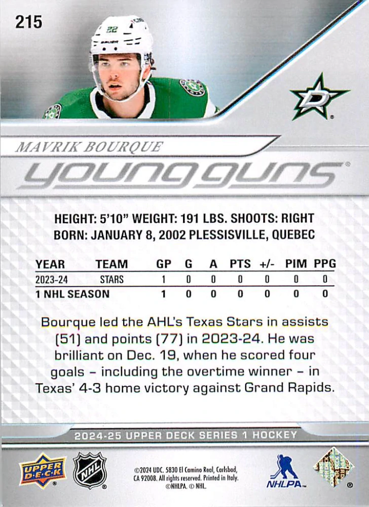2024-25 UD Series 1 - Mavrik Bourque - Young Guns #215