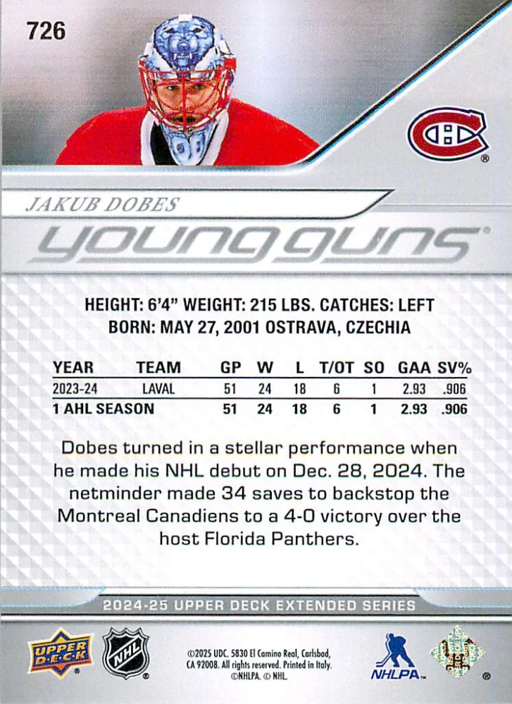 2024-25 UD Extended Series - Jakub Dobeš - Young Guns #726