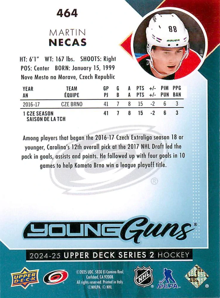 2024-25 UD Series 2 - Martin Nečas - Young Guns Renewed #464