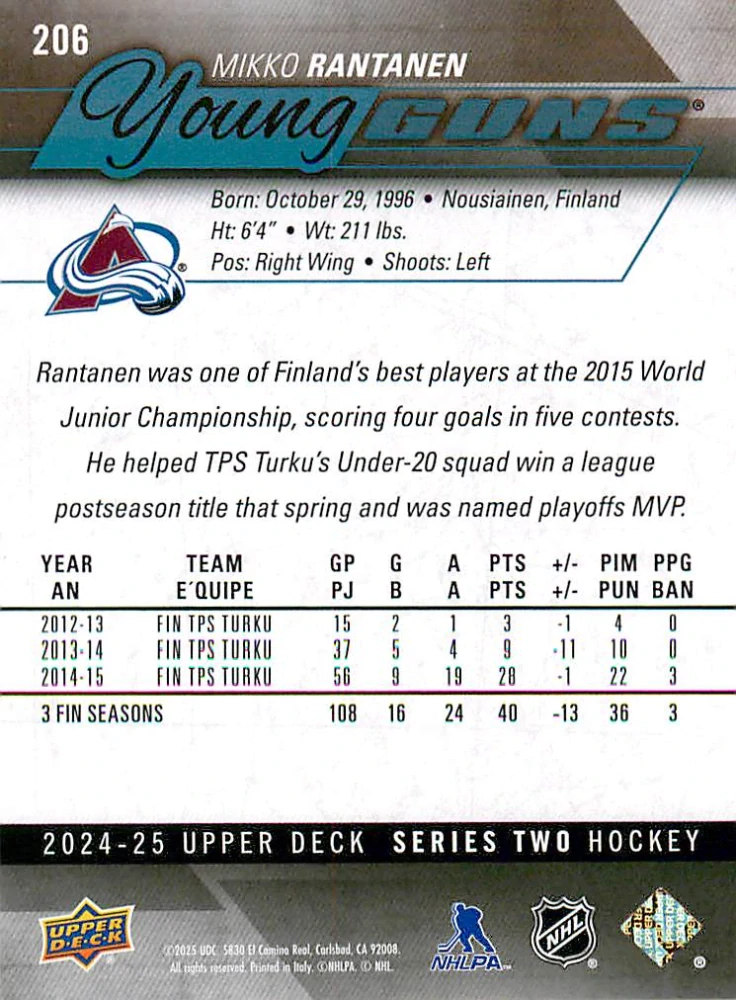 2024-25 UD Series 2 - Mikko Rantanen - Young Guns Renewed #206