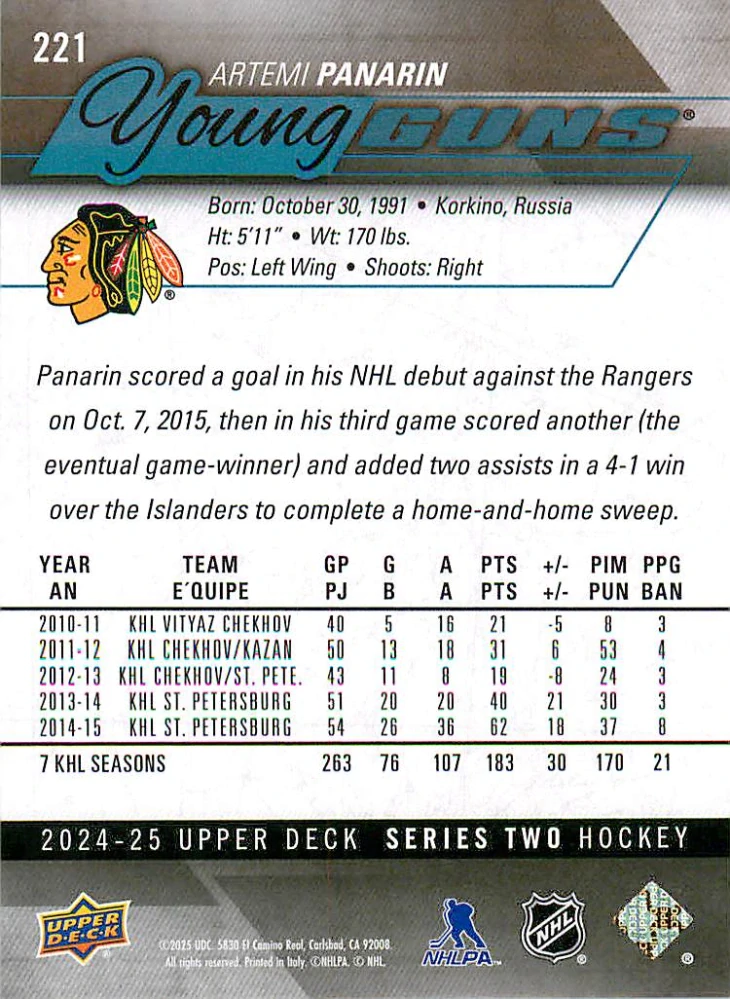 2024-25 UD Series 2 - Artemi Panarin - Young Guns Renewed #221