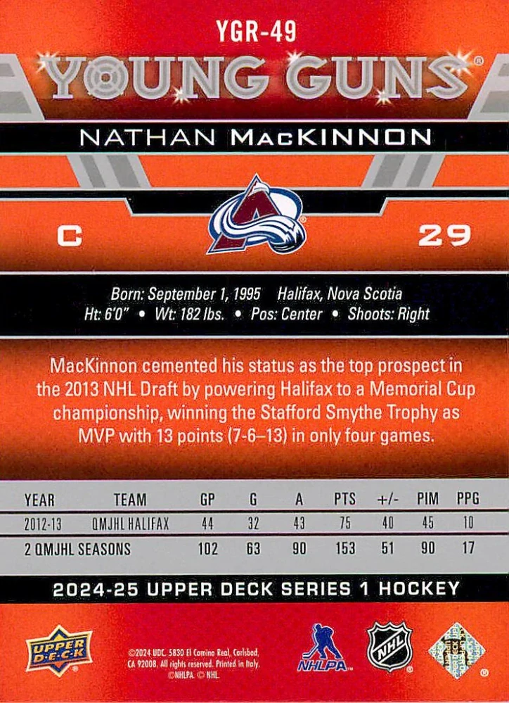 2024-25 UD Series 1 - Nathan MacKinnon - Young Guns Renewed #YGR-49