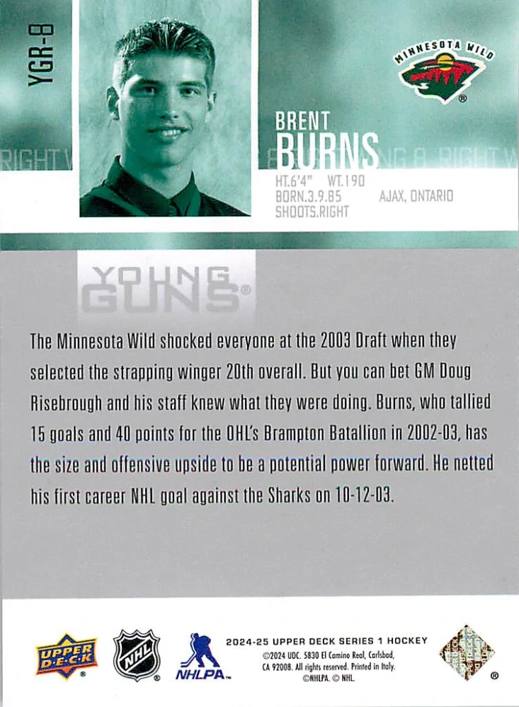 2024-25 UD Series 1 - Brent Burns - Young Guns Renewed #YGR-8