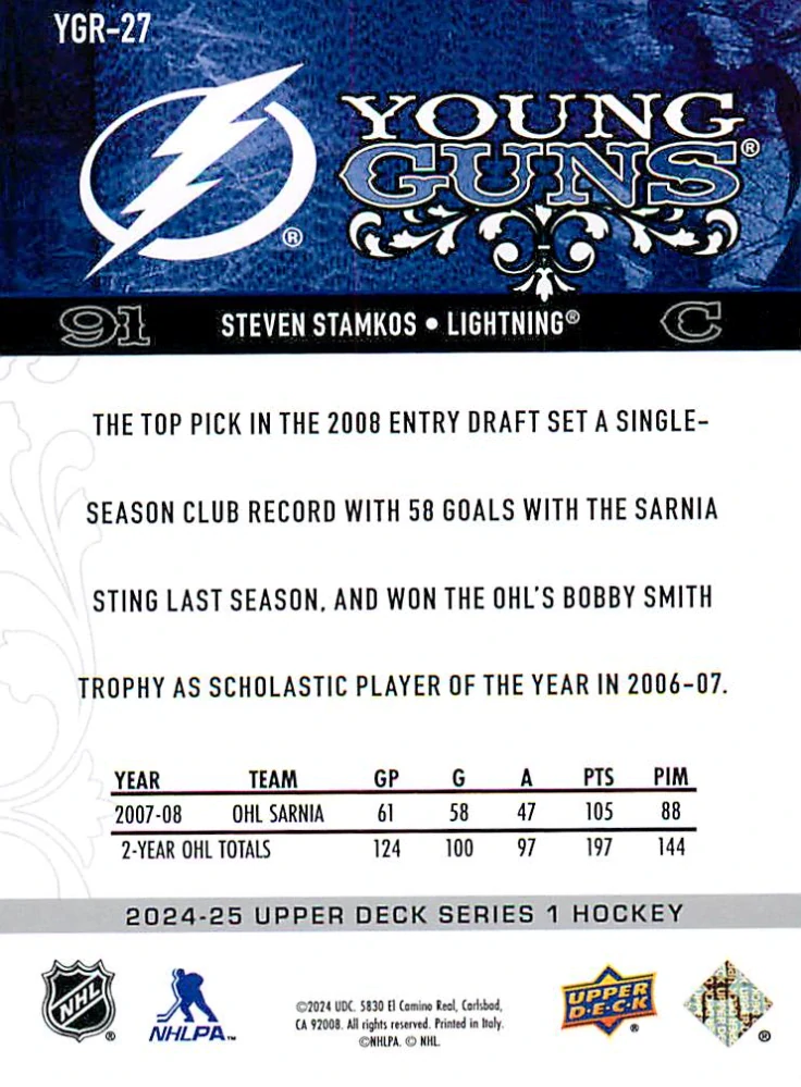 2024-25 UD Series 1 - Steven Stamkos - Young Guns Renewed #YGR-27