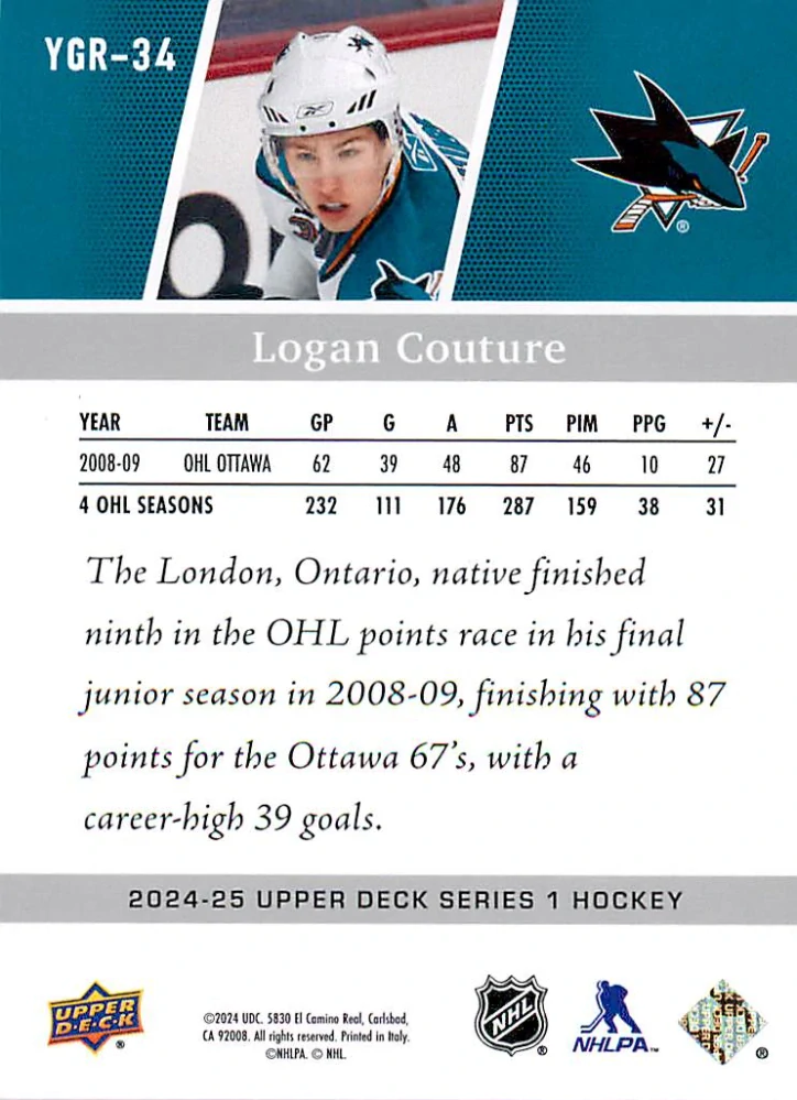 2024-25 UD Series 1 - Logan Couture - Young Guns Renewed #YGR-34