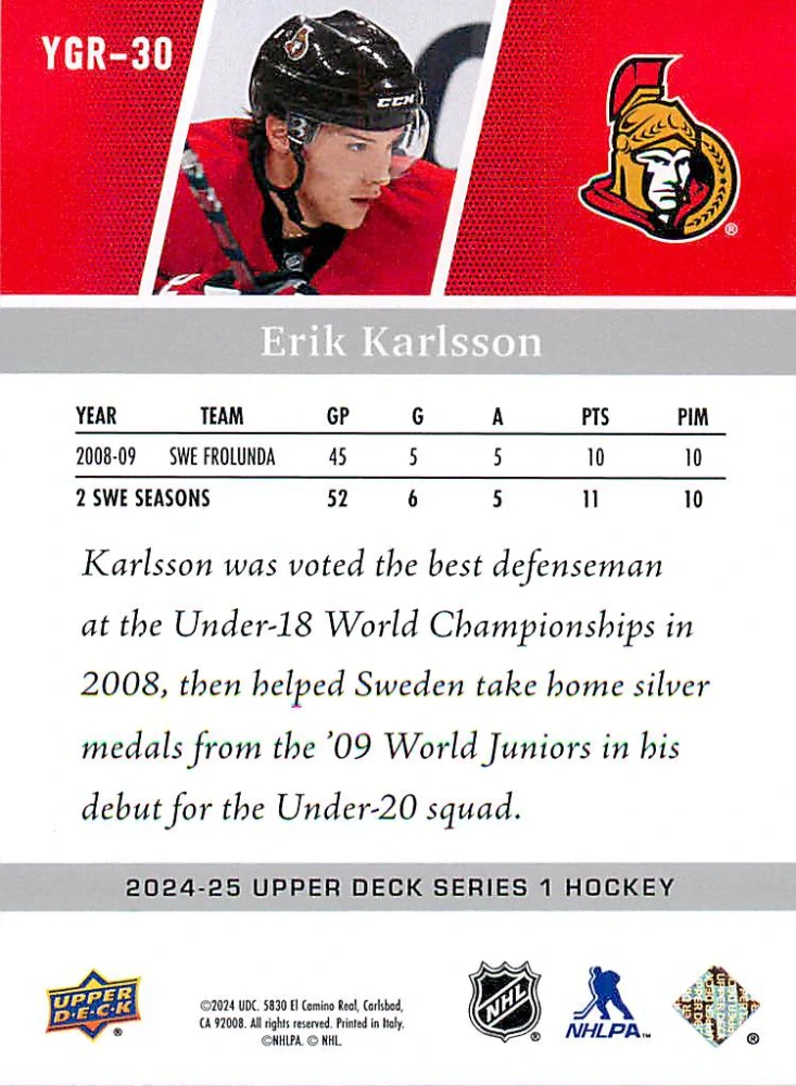 2024-25 UD Series 1 - Erik Karlsson - Young Guns Renewed #YGR-30