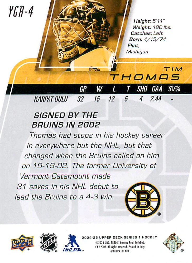 2024-25 UD Series 1 - Tim Thomas - Young Guns Renewed #YGR-4
