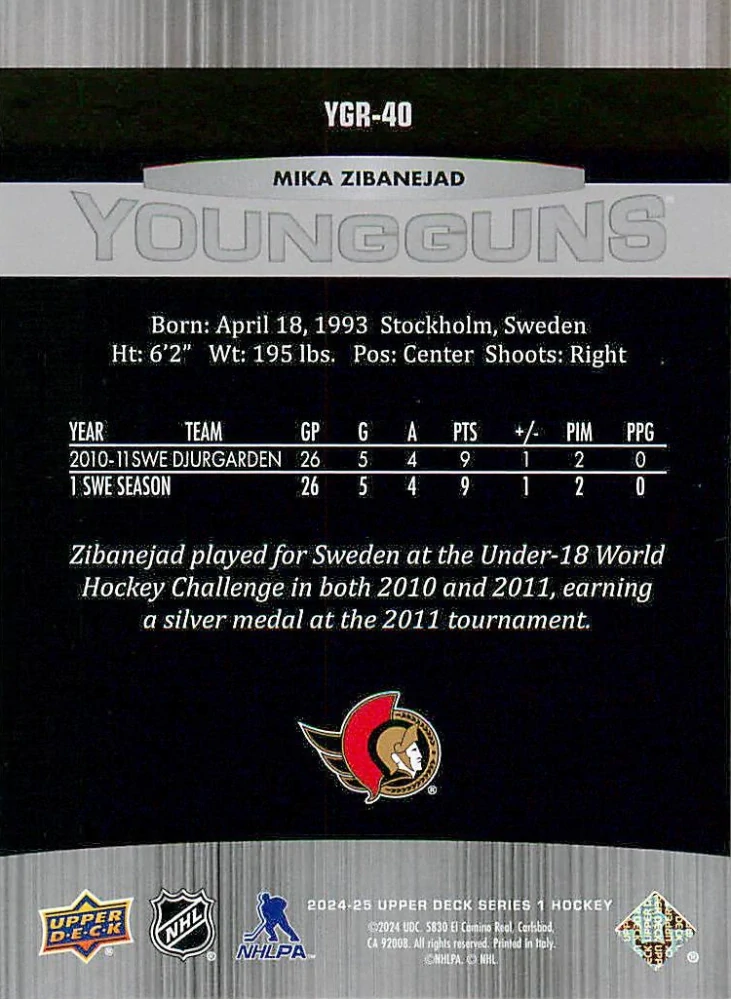 2024-25 UD Series 1 - Mika Zibanejad - Young Guns Renewed #YGR-40