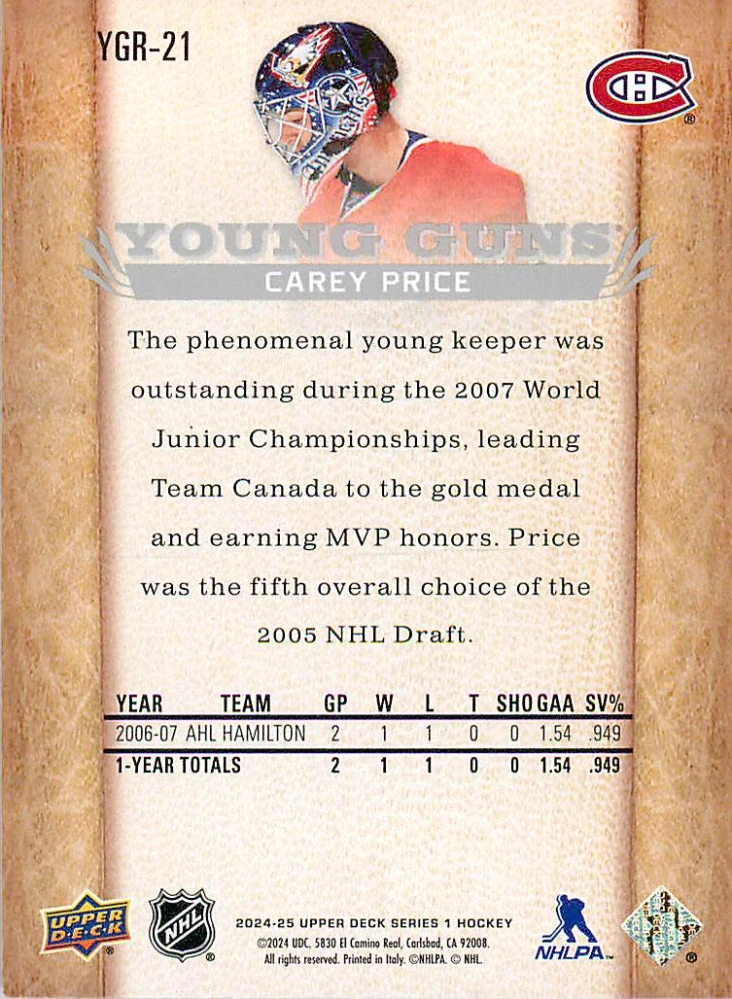 2024-25 UD Series 1 - Carey Price - Young Guns Renewed #YGR-21