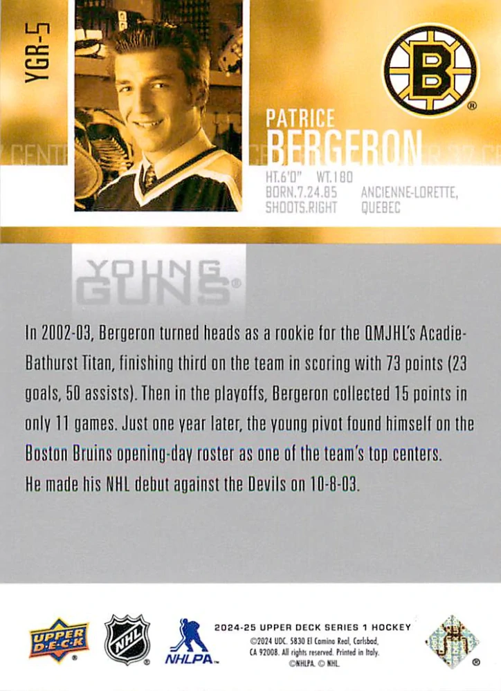 2024-25 UD Series 1 - Patrice Bergeron - Young Guns Renewed #YGR-5