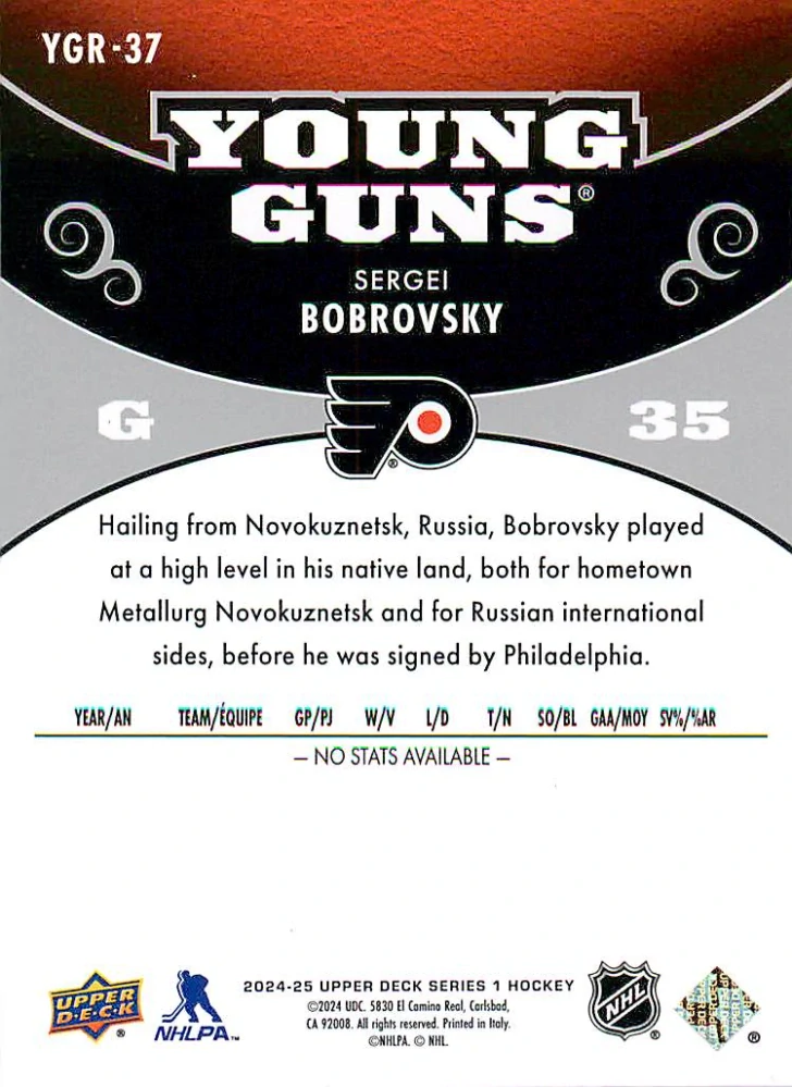 2024-25 UD Series 1 - Sergei Bobrovsky - Young Guns Renewed #YGR-37