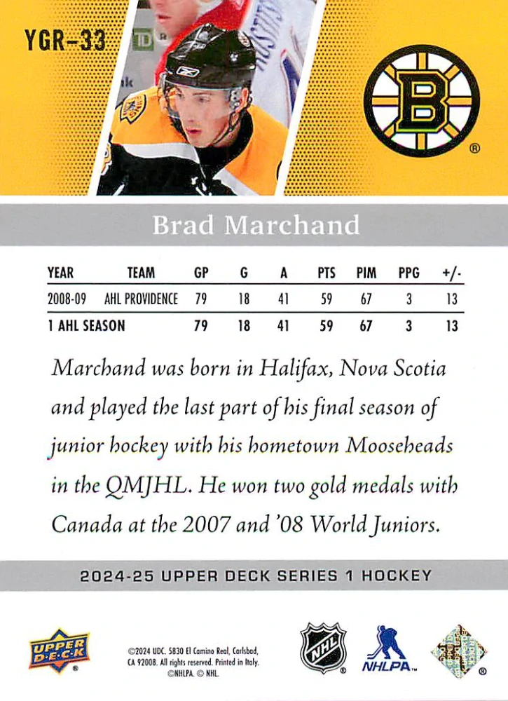 2024-25 UD Series 1 - Brad Marchand - Young Guns Renewed #YGR-33