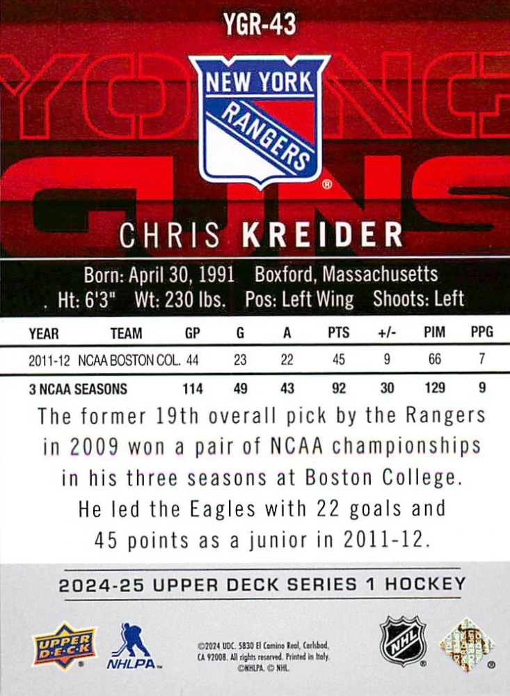 2024-25 UD Series 1 - Chris Kreider - Young Guns Renewed #YGR-43