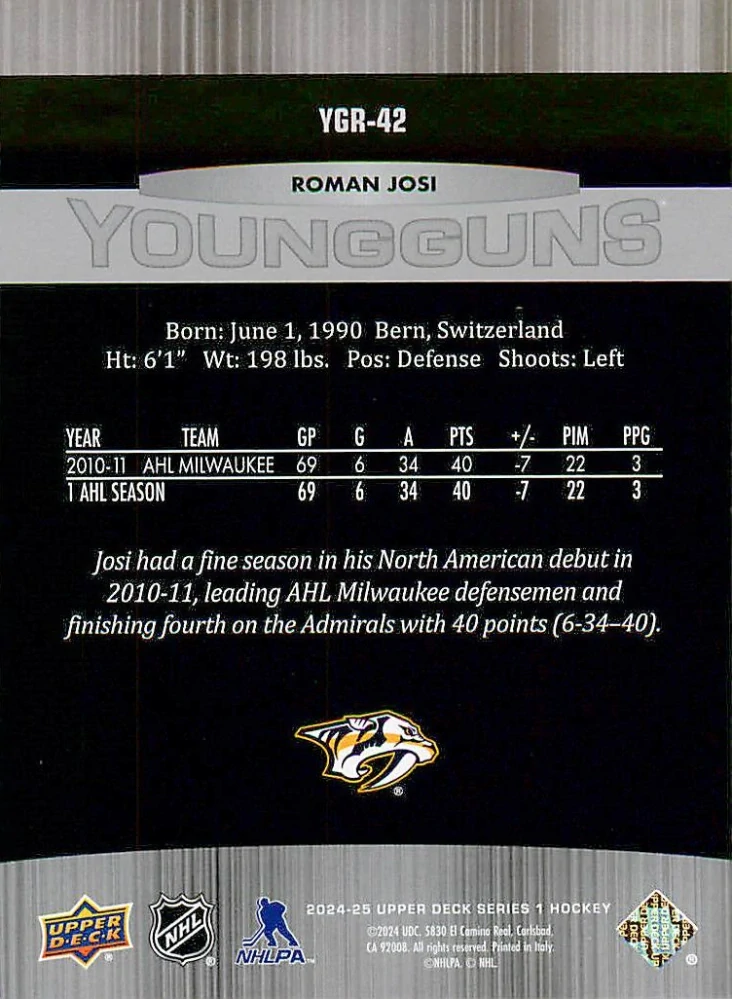 2024-25 UD Series 1 - Roman Josi - Young Guns Renewed #YGR-42