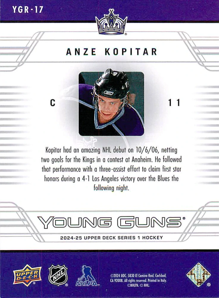 2024-25 UD Series 1 - Anze Kopitar - Young Guns Renewed #YGR-17