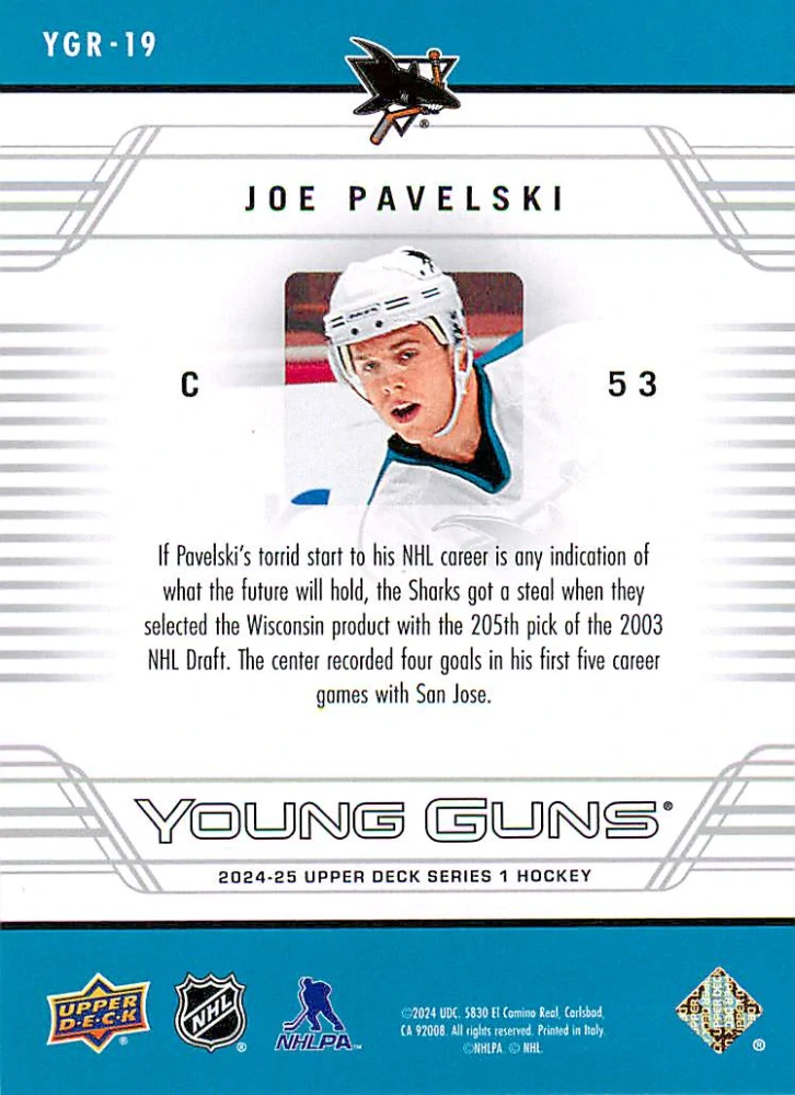 2024-25 UD Series 1 - Joe Pavelski - Young Guns Renewed #YGR-19