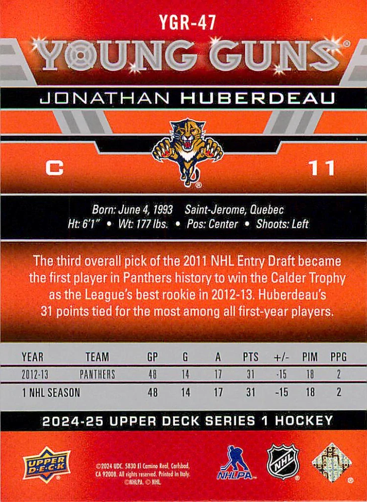 2024-25 UD Series 1 - Jonathan Huberdeau - Young Guns Renewed #YGR-47