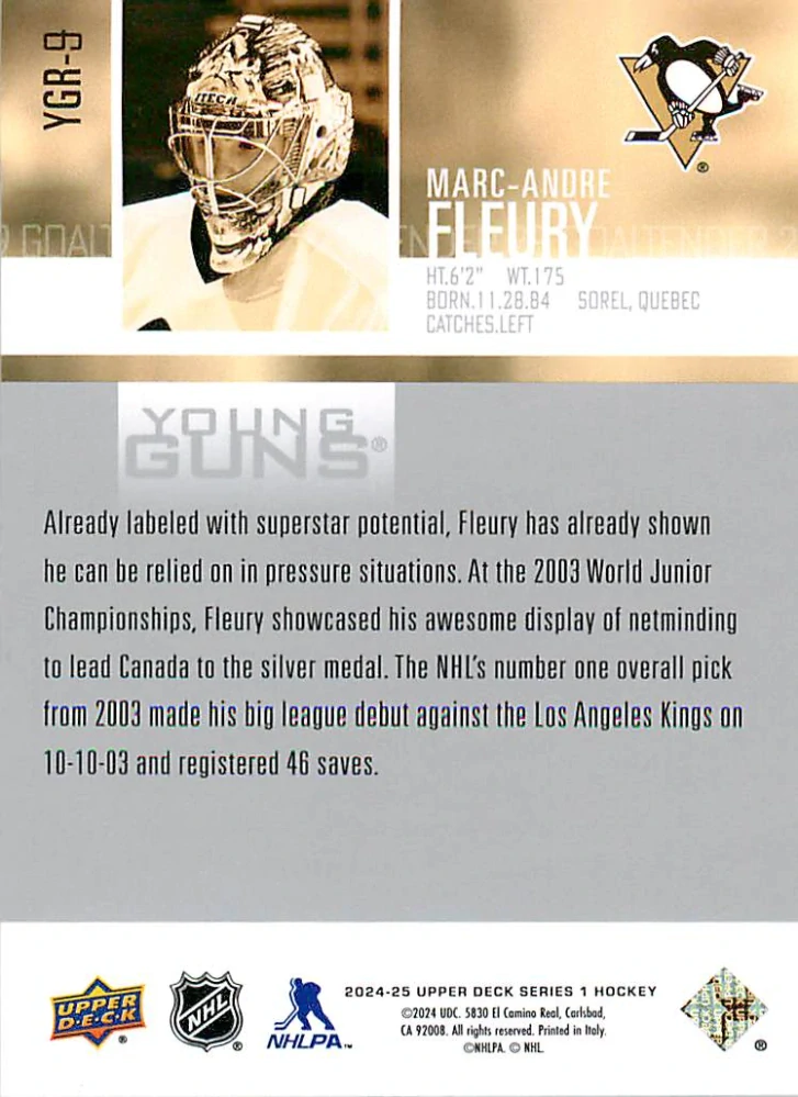 2024-25 UD Series 1 - Marc-Andre Fleury - Young Guns Renewed #YGR-9