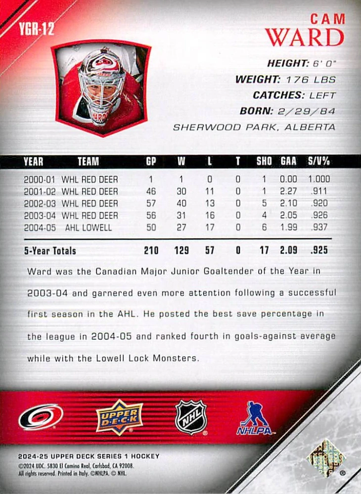 2024-25 UD Series 1 - Cam Ward - Young Guns Renewed #YGR-12
