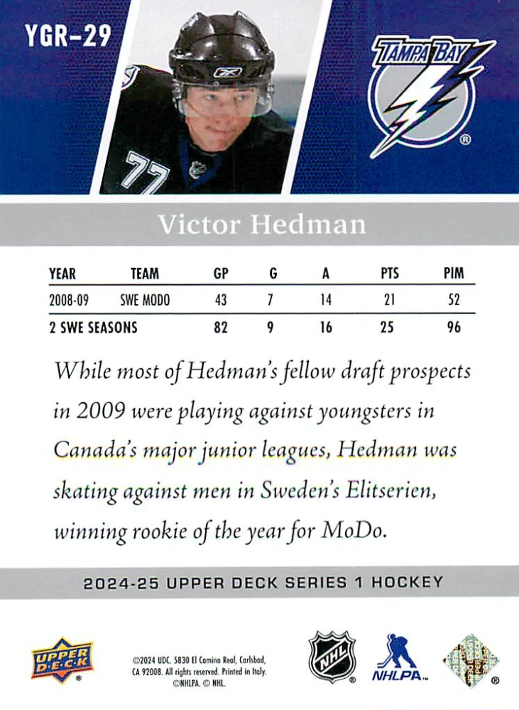 2024-25 UD Series 1 - Victor Hedman - Young Guns Renewed #YGR-29