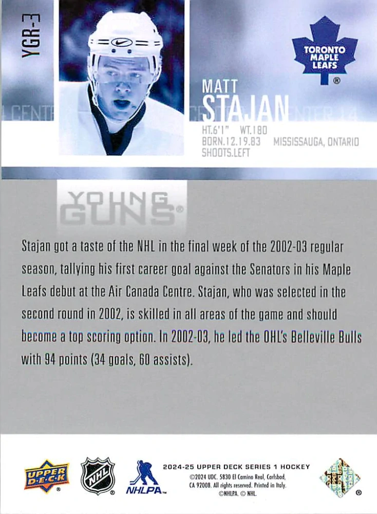 2024-25 UD Series 1 - Matt Stajan - Young Guns Renewed #YGR-3